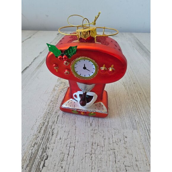Expresso coffee machine glass ornament red glitter Xmas tree - Picture 1 of 9